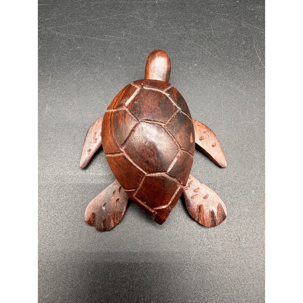 Hand Carved Wood Sea Turtle Figurine Dark Brown Mahogany Finish Coastal Decor 4"